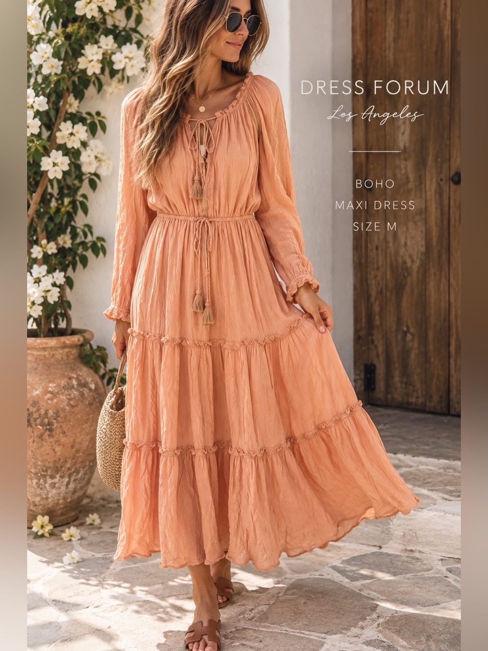 Dress Forum Peach Boho Tiered Maxi Dress Long Sleeve Size M